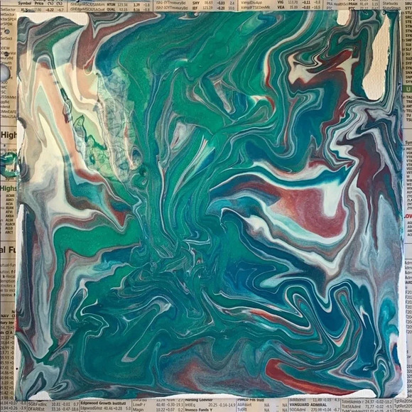 Metallic Wine, Teal, Blue, Silver and White Paint Pour - 8”x8” canvas board - Picture 8 of 8